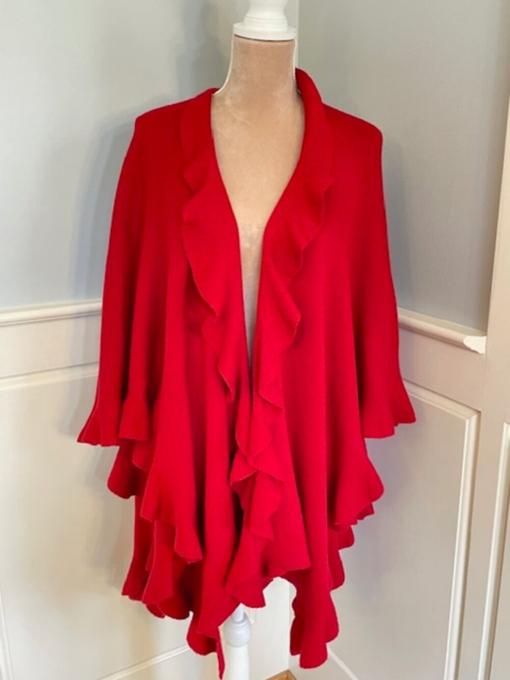 Coldwater Creek Red Ruffle Ruana Wrap OS Boho Lagenlook Open Front Shrug Poncho - Picture 3 of 7